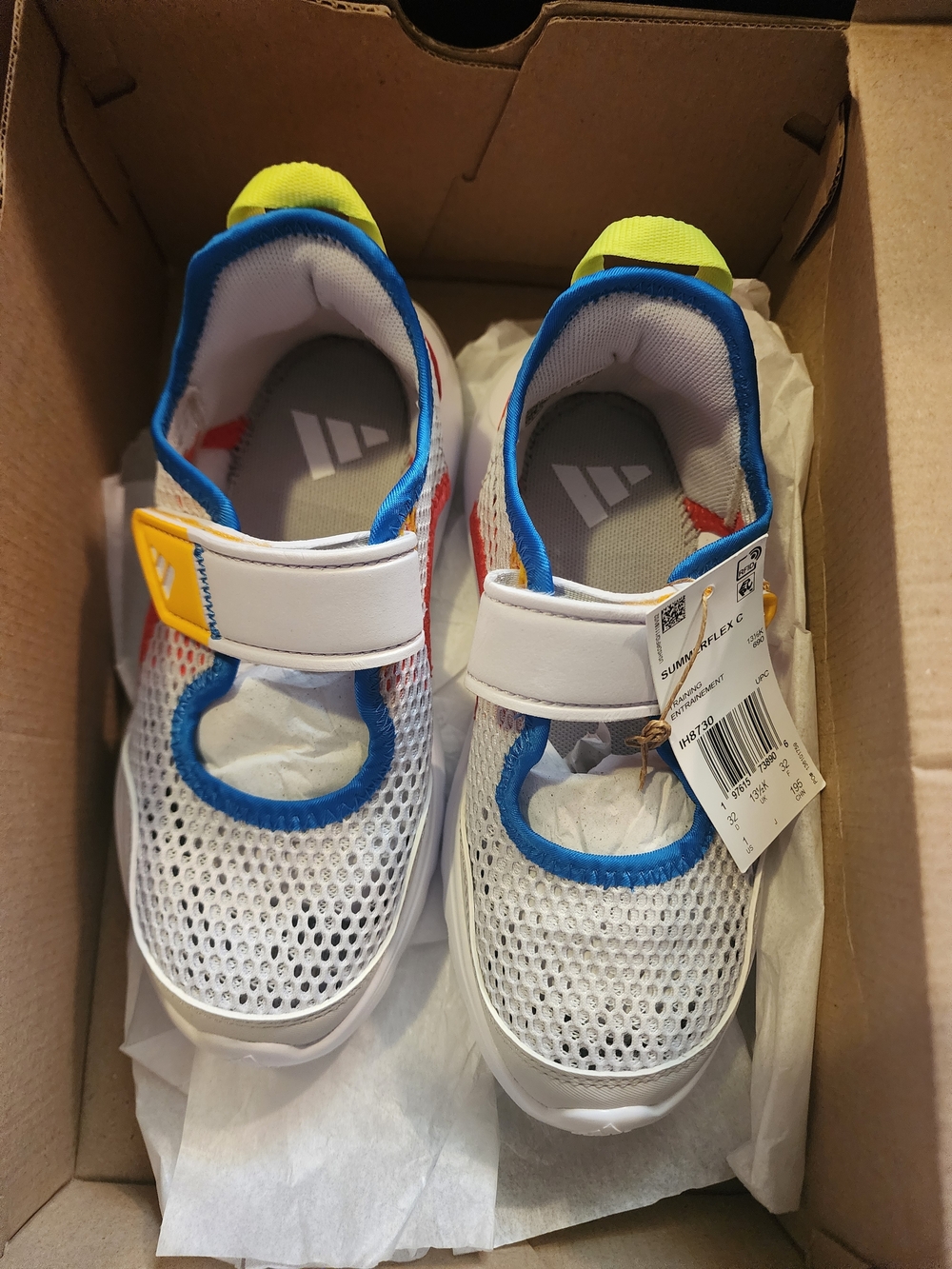 adidas Summerflex Kids White Mesh Sneakers with Blue Trim and Yellow Heel Sz. 1 - Picture 3 of 9